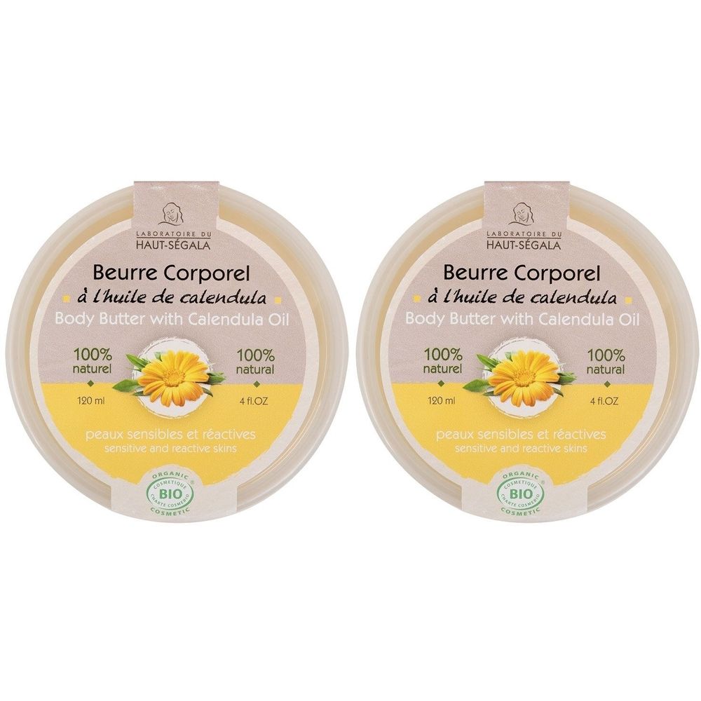 Deux pots de beurre corporel à l'huile de calendula. 100% naturel, pour peaux sensibles.