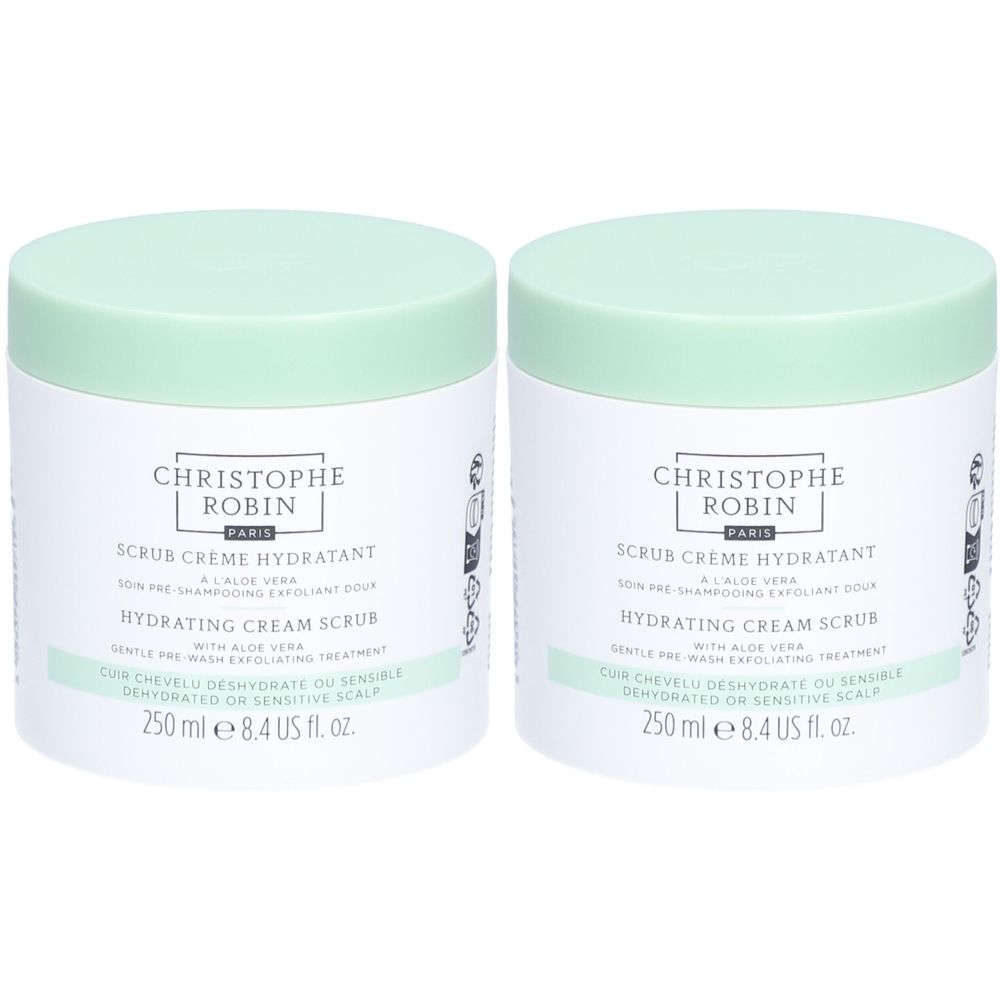 Zwei Behälter Christophe Robin feuchtigkeitsspendendes Creme-Scrub mit Aloe Vera, 250 ml.