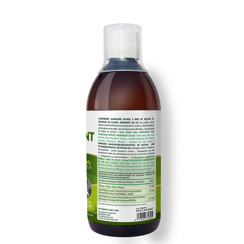 Rückansicht einer Flasche Siliplant Silicium G7. Braune Flüssigkeit in brauner Flasche mit weißem Deckel. Grün-weißes Etikett mit Text und Logo.