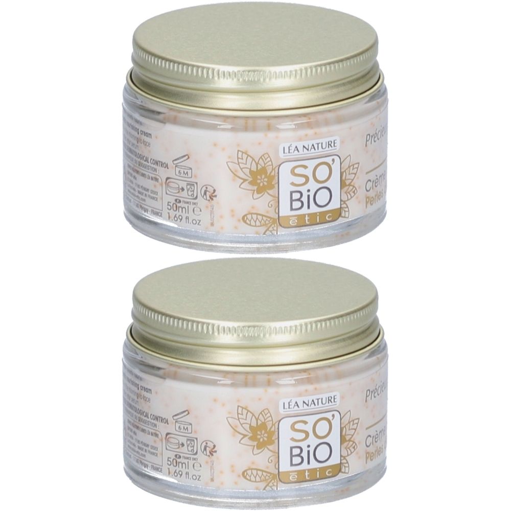 Zwei Gläser SO BIO ETIC Precious Argan Crème Nutritive Perles d'Argan mit goldenen Schraubverschlüssen.