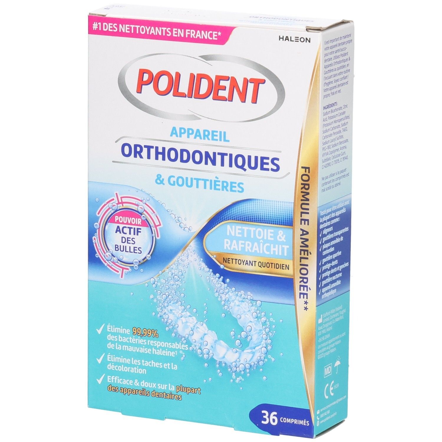 Boîte POLIDENT pour appareils orthodontiques et gouttières. Contient 36 comprimés. Inscription : « Appareil Orthodontiques & Gouttières ». Avec « Pouvoir Actif des Bulles ».