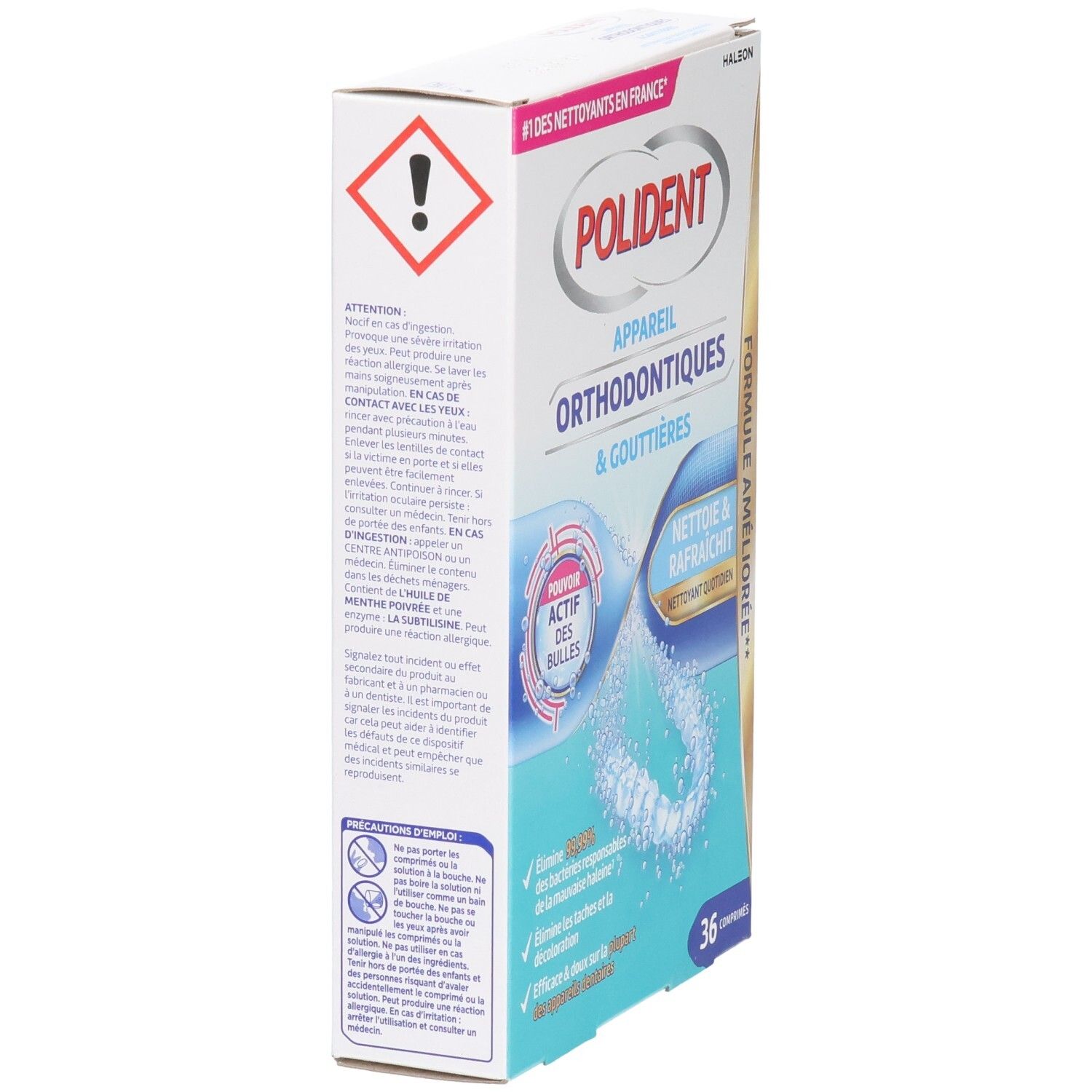 Vue latérale de la boîte POLIDENT pour appareils orthodontiques. Texte : « Appareil Orthodontiques & Gouttières ». Avec symbole d'avertissement et 36 comprimés.