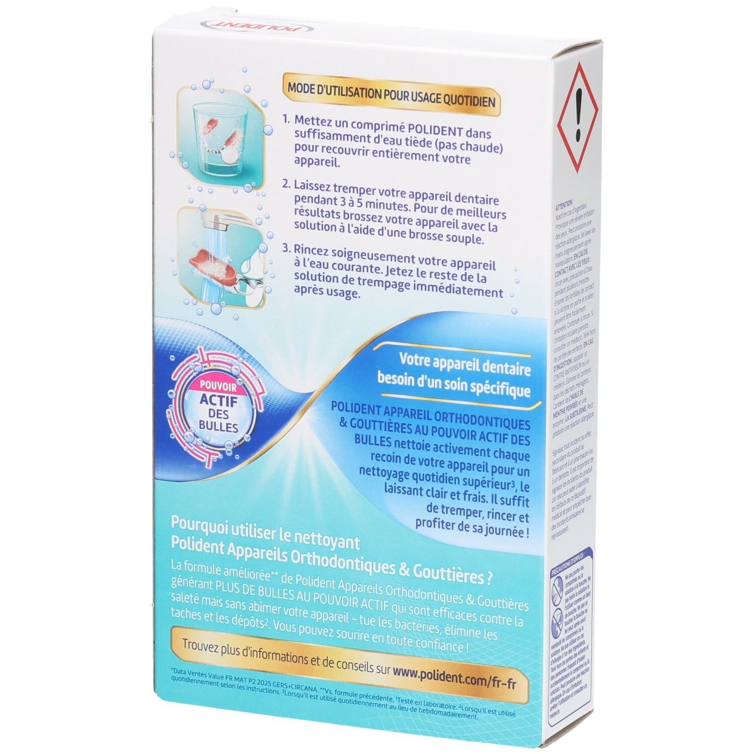 Dos de la boîte POLIDENT. Instructions d'utilisation. Texte : « Appareil Orthodontiques & Gouttières ». Avec « Pouvoir Actif des Bulles ».