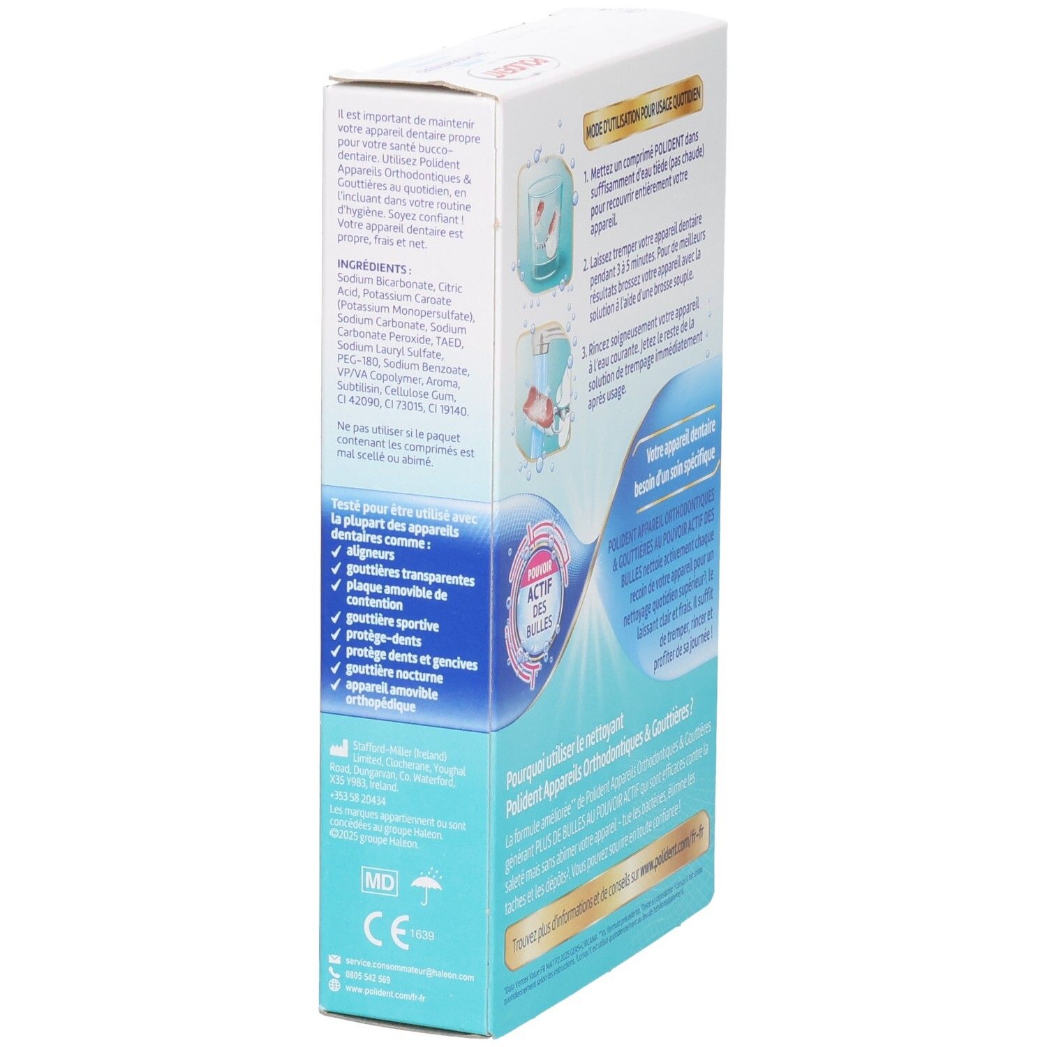 Vue latérale de la boîte POLIDENT. Ingrédients et instructions. Texte : « Appareil Orthodontiques & Gouttières ». Avec « Pouvoir Actif des Bulles ».