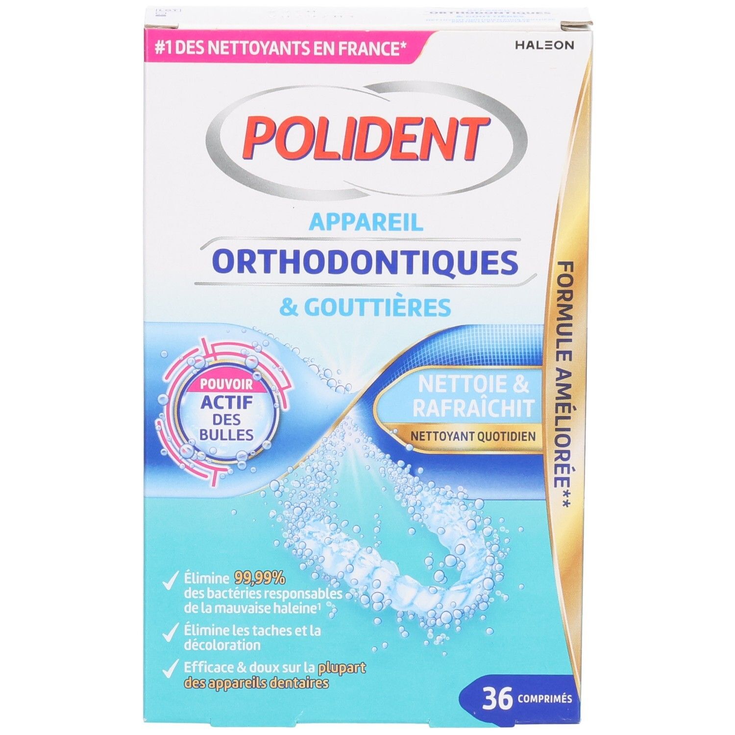 Boîte POLIDENT pour appareils orthodontiques et gouttières. Contient 36 comprimés. Inscription : « Appareil Orthodontiques & Gouttières ». Avec « Pouvoir Actif des Bulles ».
