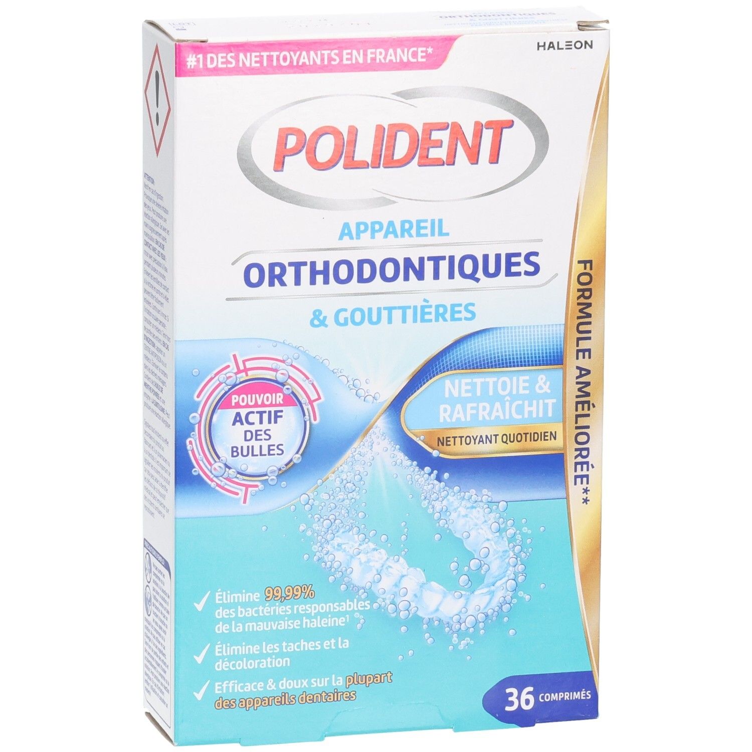 Boîte POLIDENT pour appareils orthodontiques et gouttières. Contient 36 comprimés. Inscription : « Appareil Orthodontiques & Gouttières ». Avec « Pouvoir Actif des Bulles ».