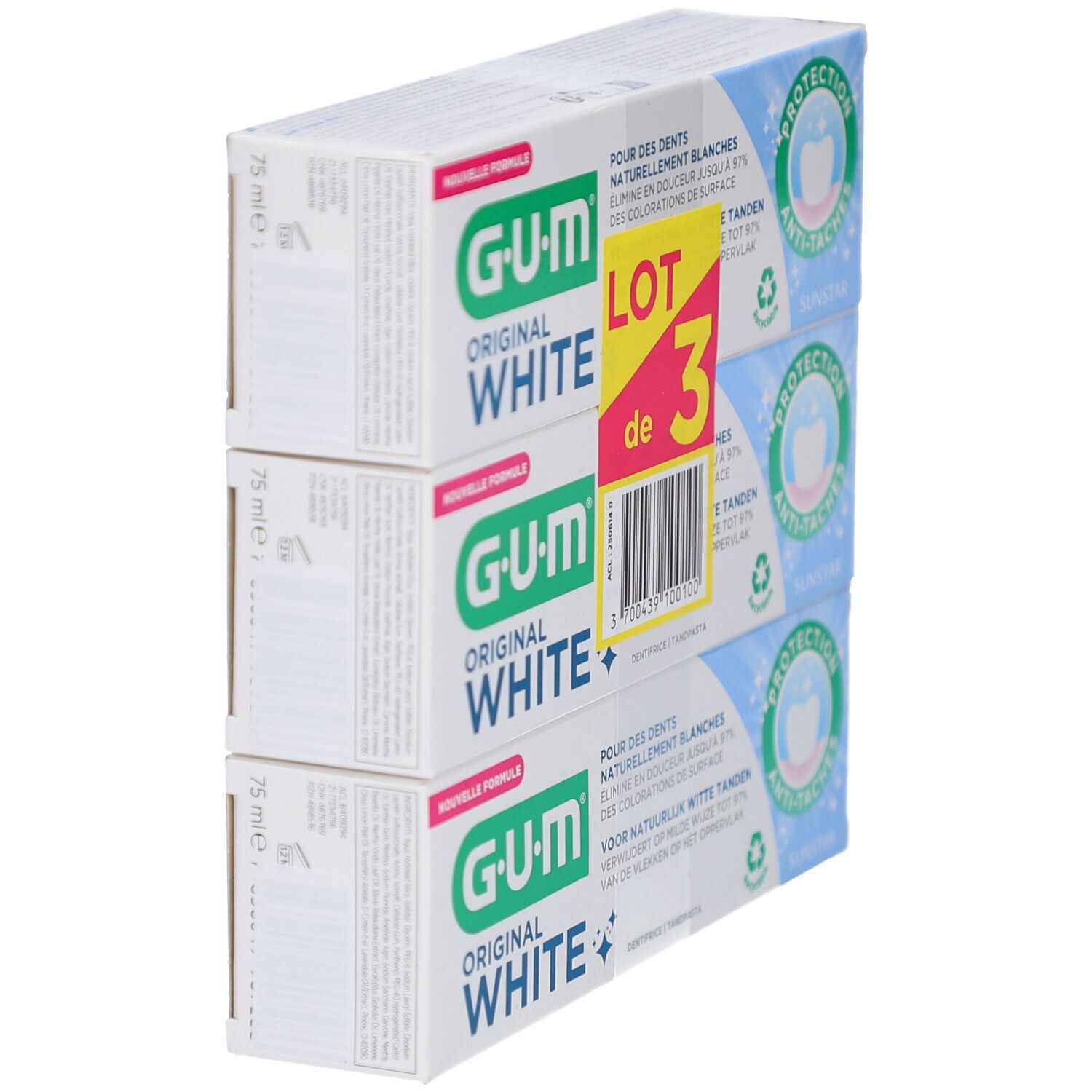 Drei Tuben GUM Original White Zahnpasta in Verpackung. Aufdruck: 75 ml. Anti-Flecken Schutz. Recycling-Symbol.