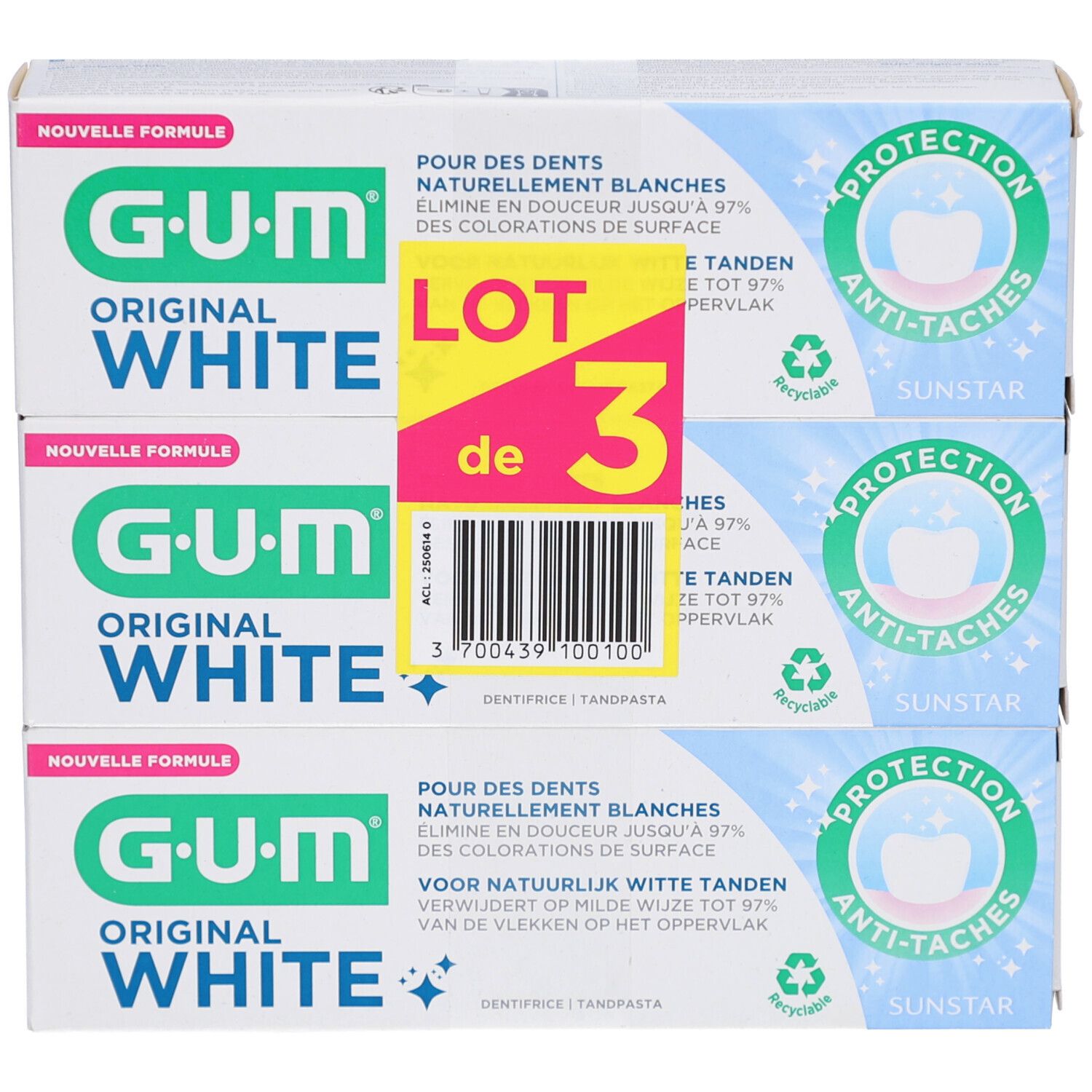Drei Tuben GUM Original White Zahnpasta in Verpackung. Aufdruck: LOT de 3. Anti-Flecken Schutz. Recycling-Symbol.