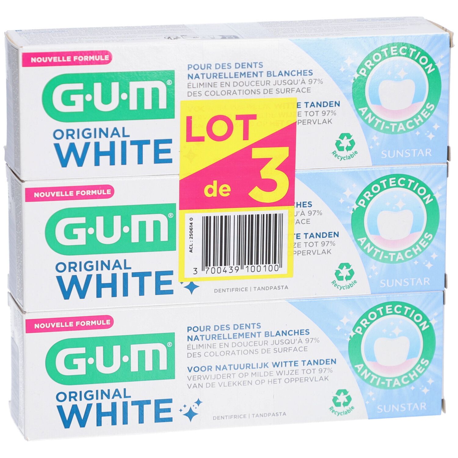 Drei Tuben GUM Original White Zahnpasta in Verpackung. Aufdruck: LOT de 3. Anti-Flecken Schutz. Recycling-Symbol.
