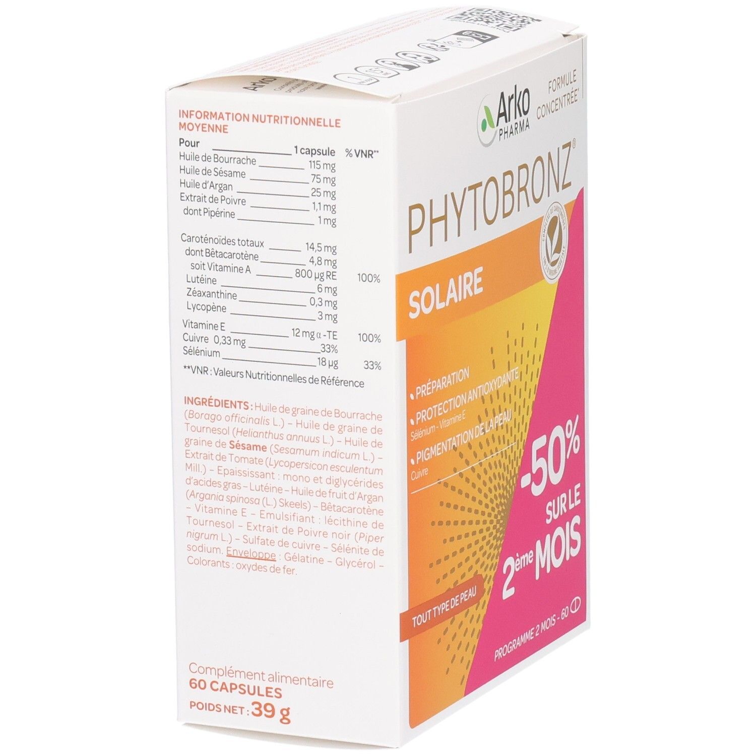 Produktverpackung mit Nährwertangaben und Inhaltsstoffen. Enthält 60 Kapseln, Nettogewicht 39g.