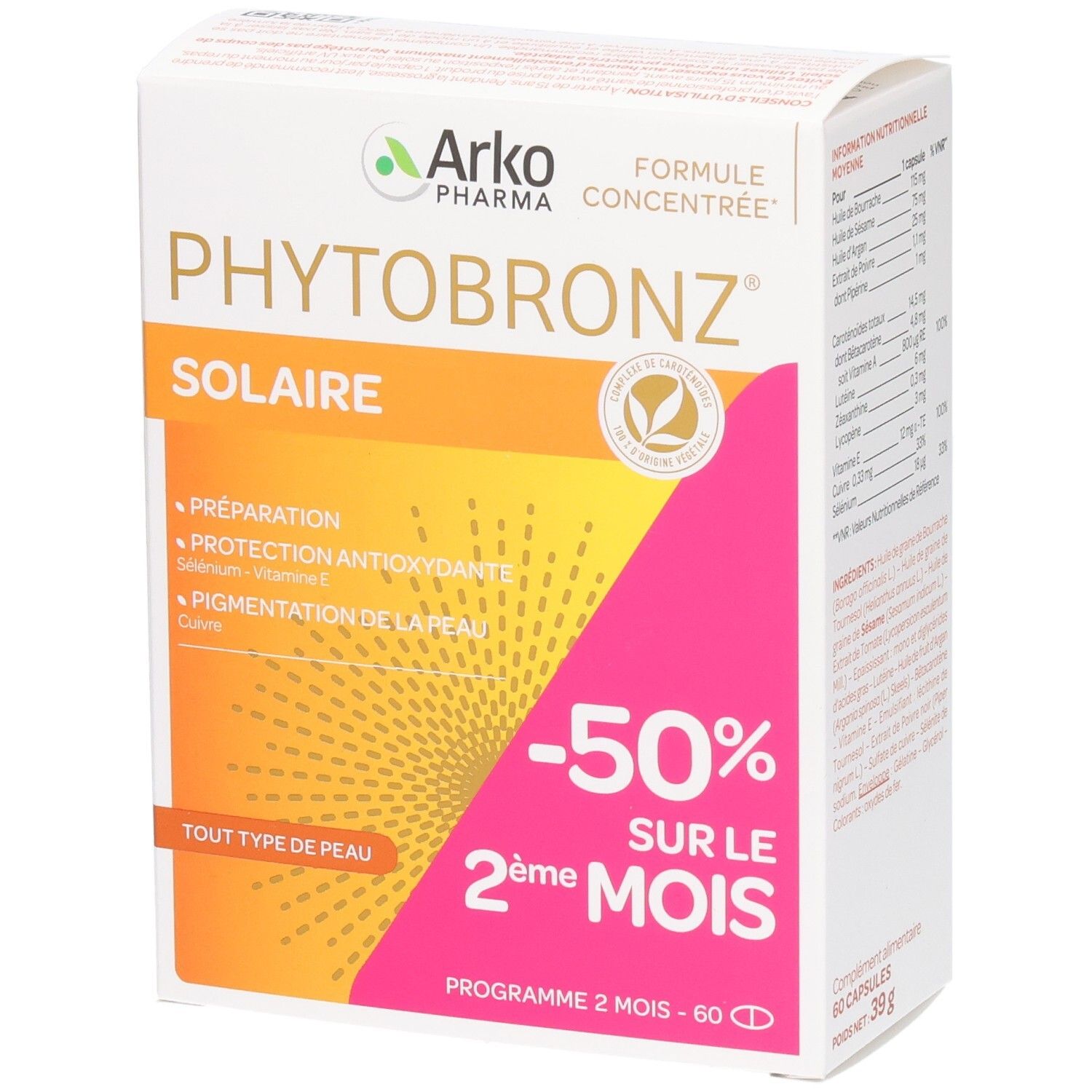 Produktverpackung mit Produktnamen und -bezeichnung. Aufdrucke: -50% auf den 2. Monat, für alle Hauttypen.