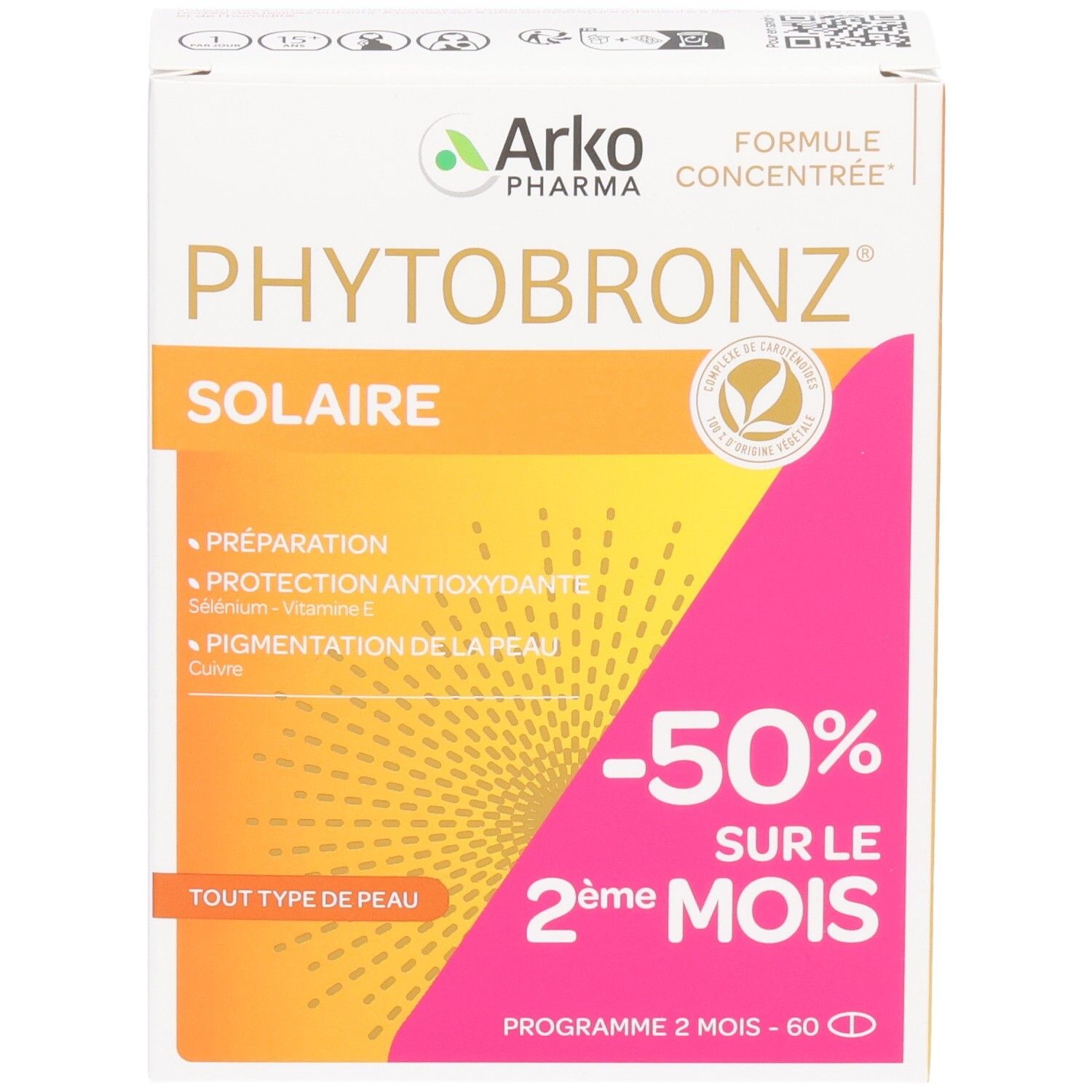Produktverpackung mit Produktnamen und -bezeichnung. Aufdrucke: -50% auf den 2. Monat, für alle Hauttypen.