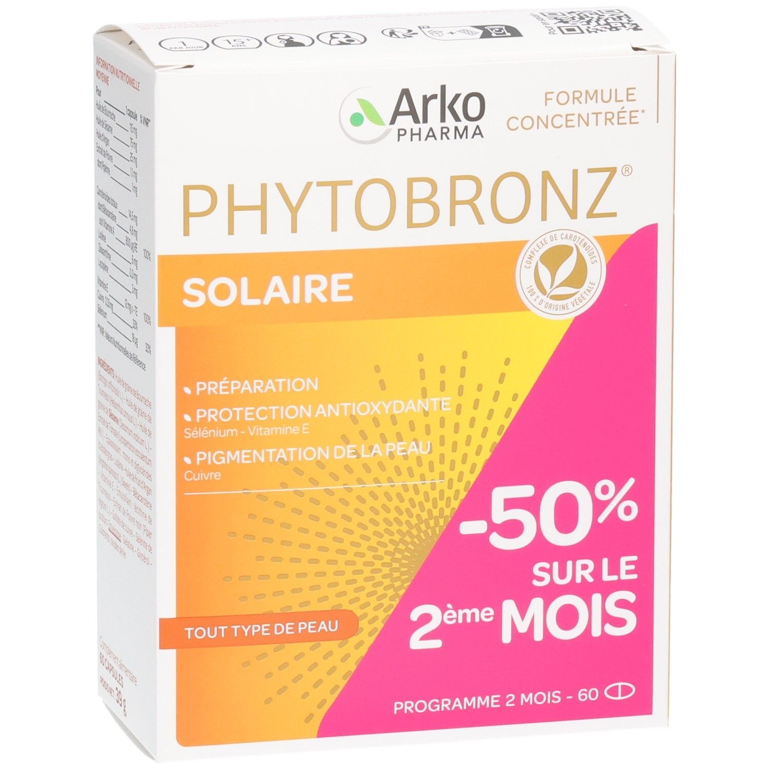 Produktverpackung mit Produktnamen und -bezeichnung. Aufdrucke: -50% auf den 2. Monat, für alle Hauttypen.