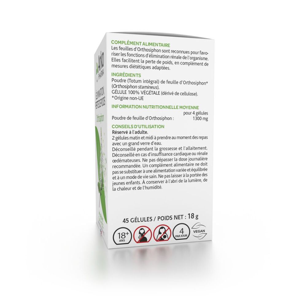 Rückseite der ArkoPharma Orthosiphon Packung mit detaillierten Inhaltsstoffen und Anwendungshinweisen.