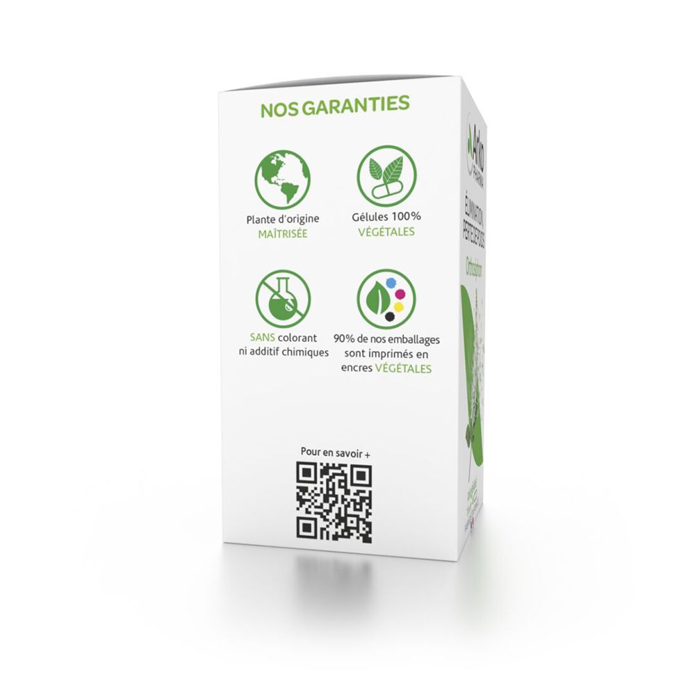 Seite der ArkoPharma Orthosiphon Packung mit Garantiesymbolen für pflanzliche Inhaltsstoffe und umweltfreundliche Verpackung.