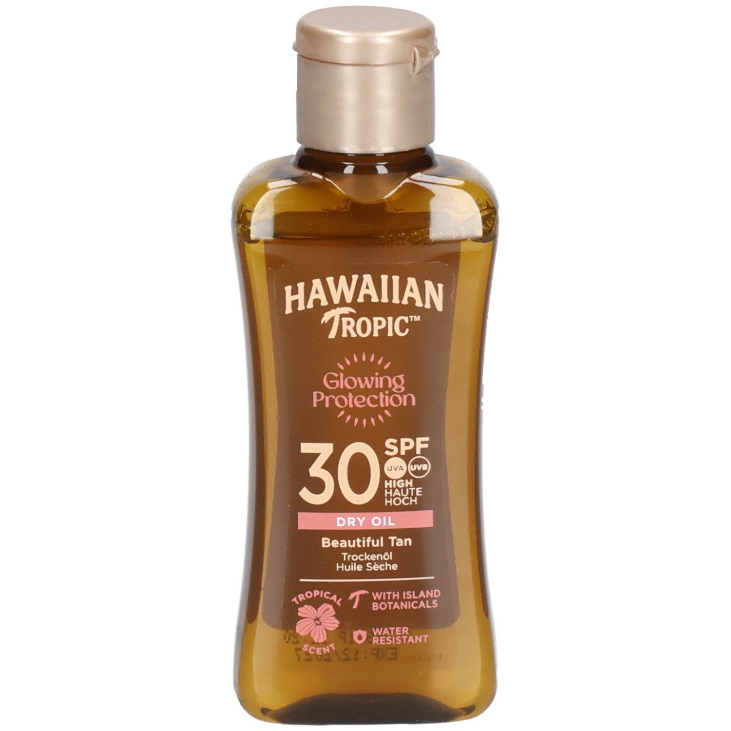 Braune Flasche mit goldfarbenem Verschluss. Aufschrift: Hawaiian Tropic, Glowing Protection, SPF 30, Dry Oil. Tropisches Design.