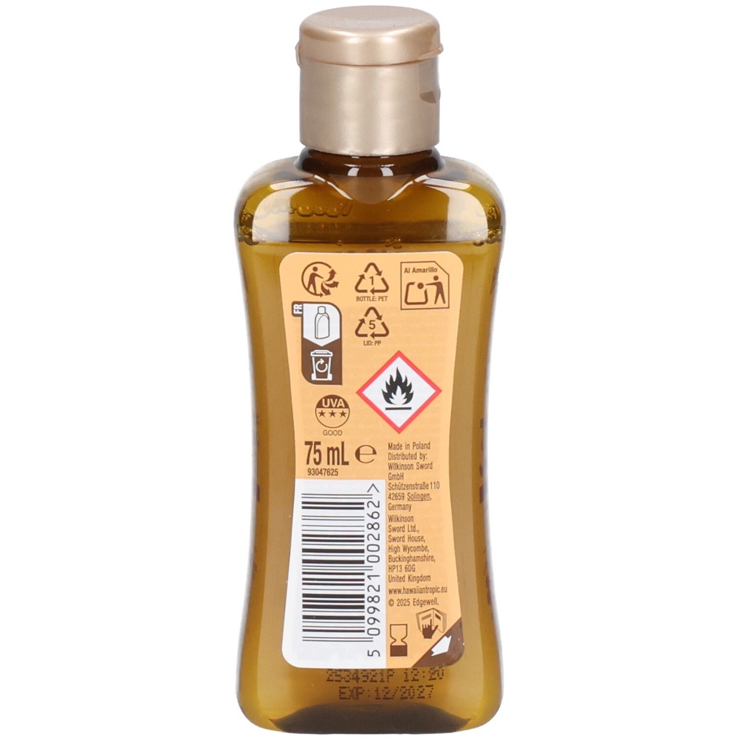 Rückseite der braunen Flasche. Enthält Informationen zu Inhaltsstoffen, Warnhinweisen und Recycling-Symbolen. Volumen: 75 ml.