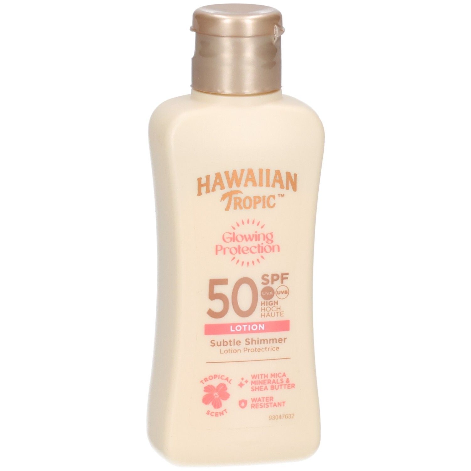 Beige Lotion-Flasche mit goldfarbenem Deckel. Aufschrift: Hawaiian Tropic, Glowing Protection, SPF 50, Lotion. Mit Mica & Sheabutter.