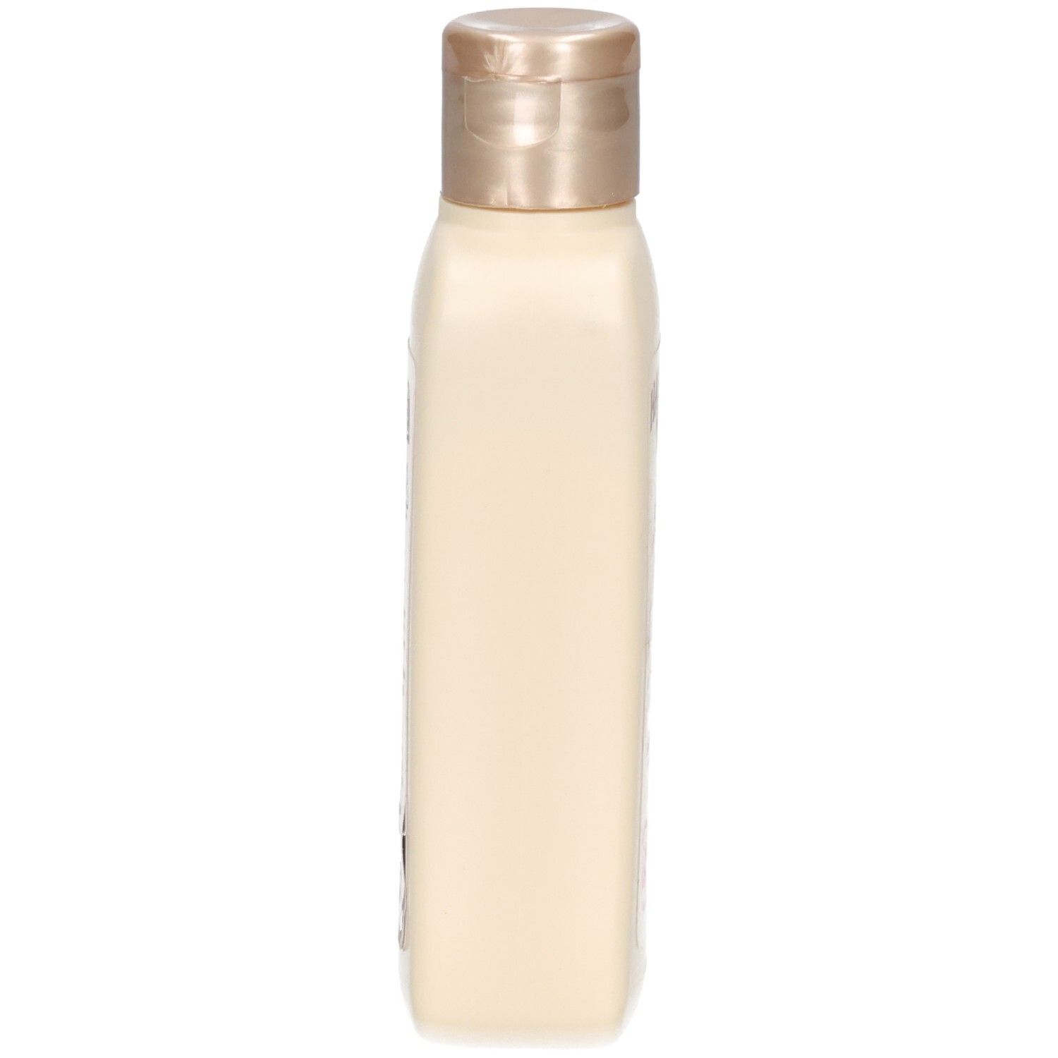Beige Lotion-Flasche, Seitenansicht. Goldfarbener Deckel. Rechteckige Form.