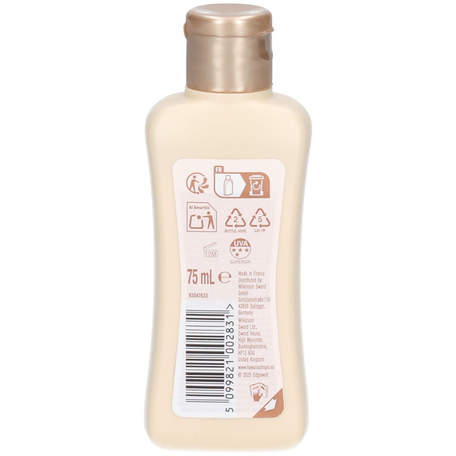 Rückseite der Lotion-Flasche. Enthält Informationen und Symbole. 75 ml.