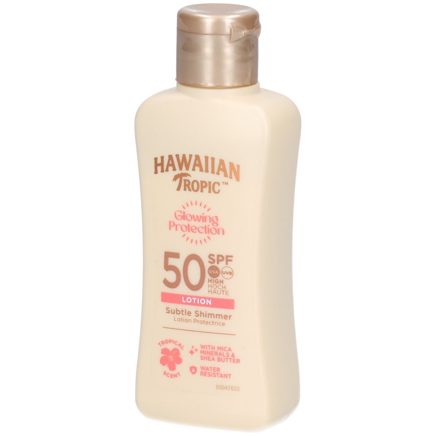 Beige Lotion-Flasche mit goldfarbenem Deckel. Aufschrift: Hawaiian Tropic, Glowing Protection, SPF 50, Lotion. Mit Mica & Sheabutter.