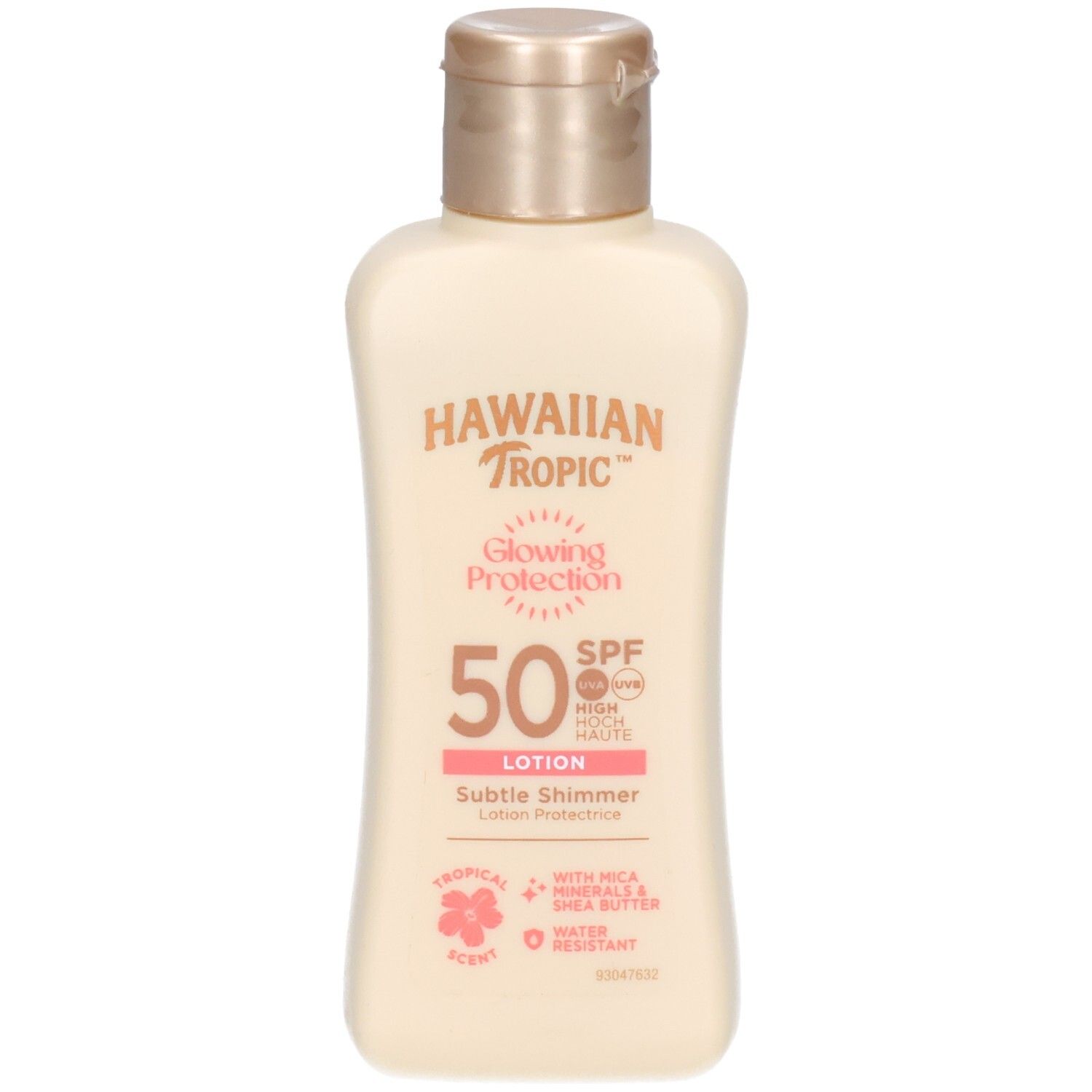 Beige Lotion-Flasche mit goldfarbenem Deckel. Aufschrift: Hawaiian Tropic, Glowing Protection, SPF 50, Lotion. Mit Mica & Sheabutter.
