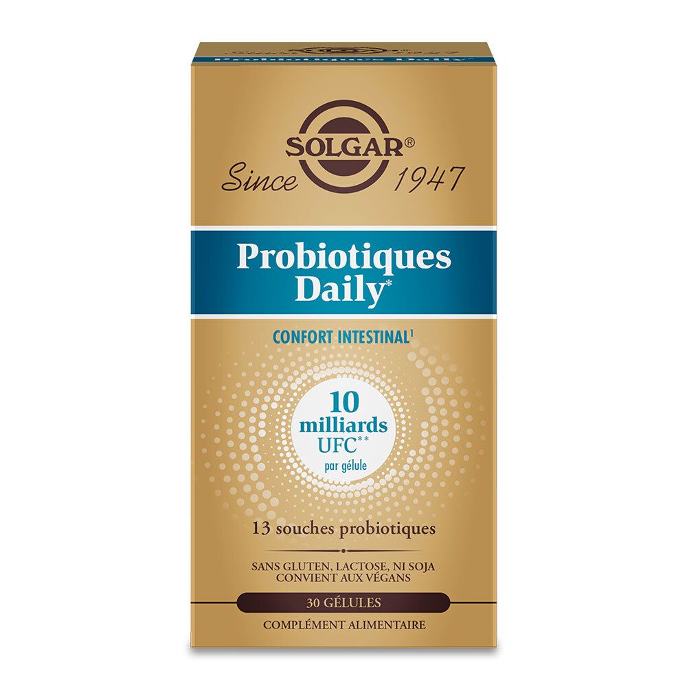 Boîte dorée. Texte bleu. Logo SOLGAR. "Probiotiques Daily". 30 gélules. Sans gluten, lactose, soja.