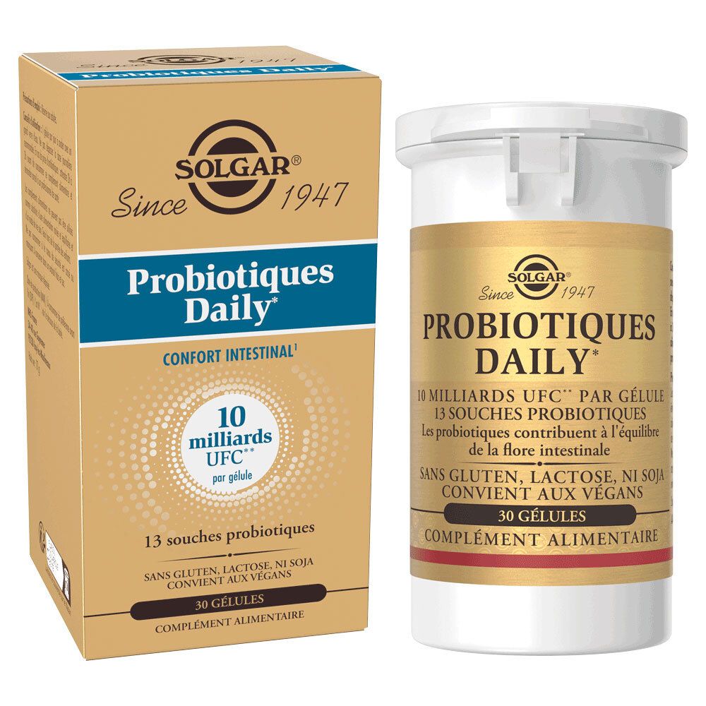Boîte dorée et flacon blanc. Logo SOLGAR. "Probiotiques Daily". 30 gélules. Sans gluten, lactose, soja.