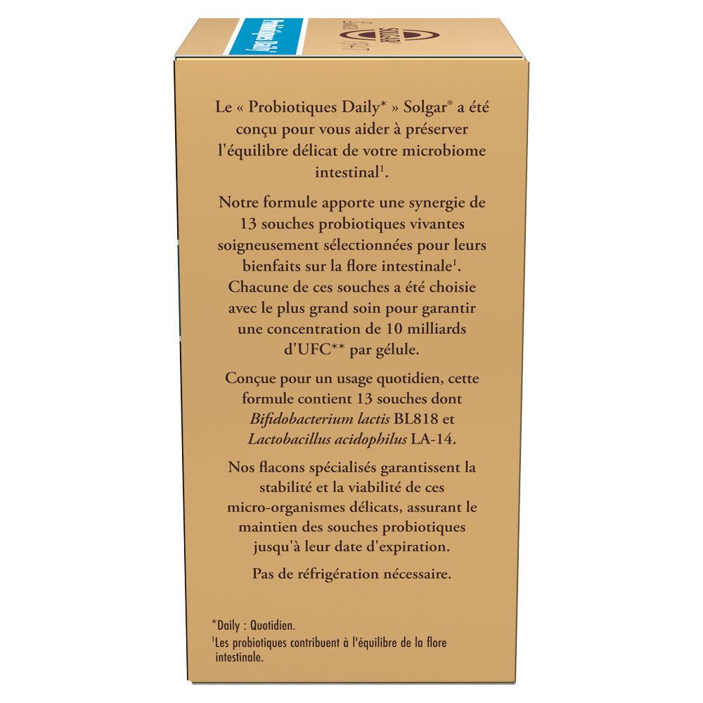 Côté de la boîte. Texte en français. Description du produit et de ses bienfaits.