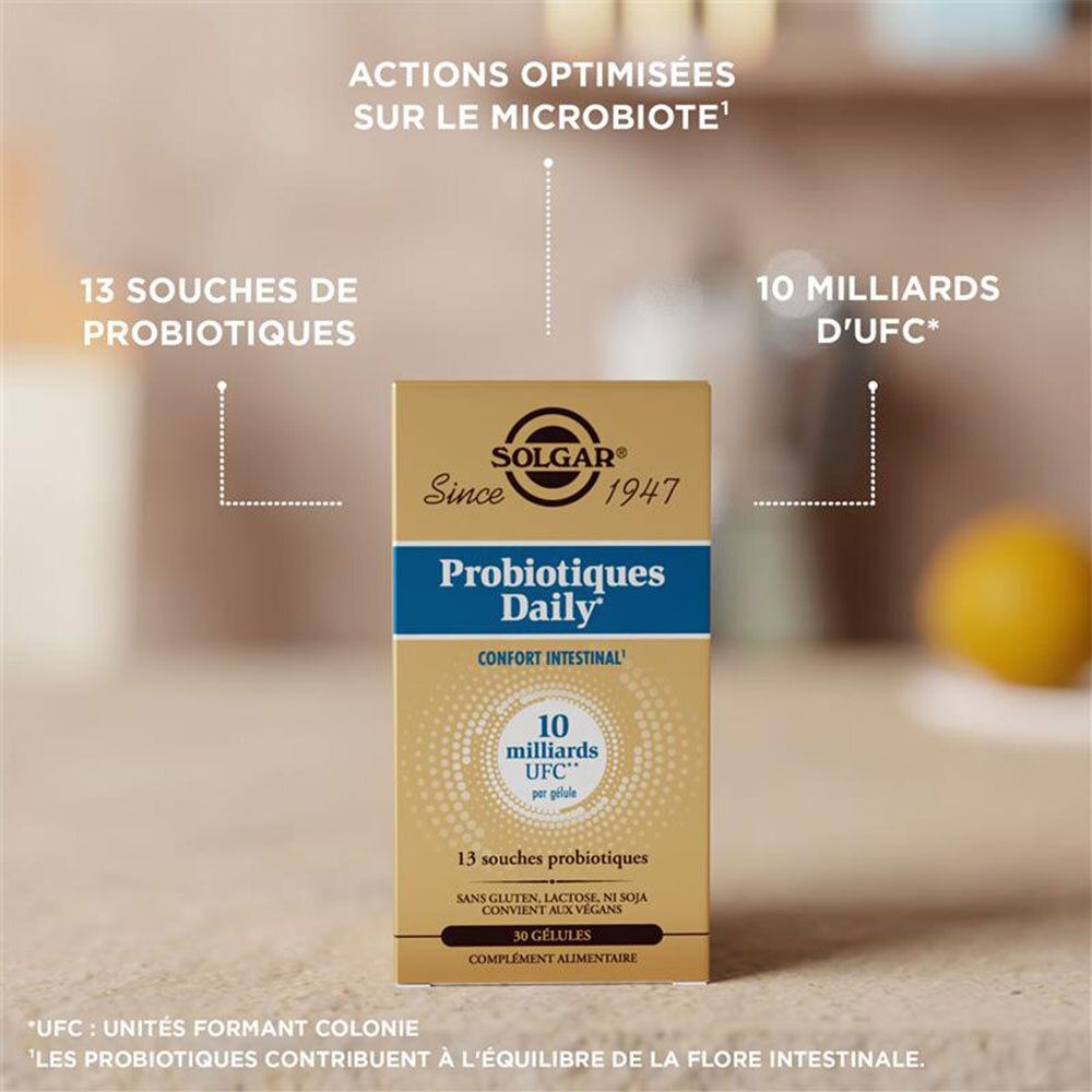 Boîte dorée. Logo SOLGAR. "Probiotiques Daily". 10 milliards UFC. 13 souches. Texte en français.