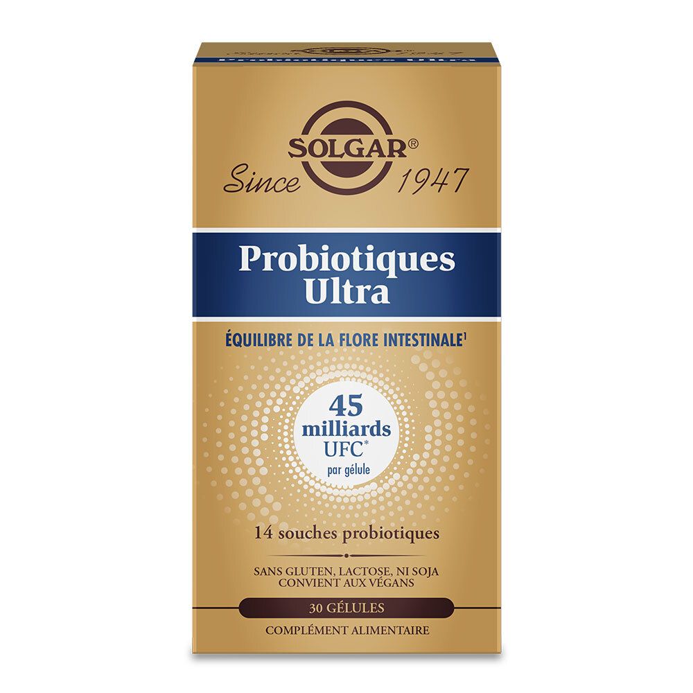 Goldfarbene Schachtel. Blaue Schrift: Probiotiques Ultra. 45 Milliarden UFC. 14 Stämme. 30 Kapseln. Glutenfrei, laktosefrei, sojafrei, vegan.