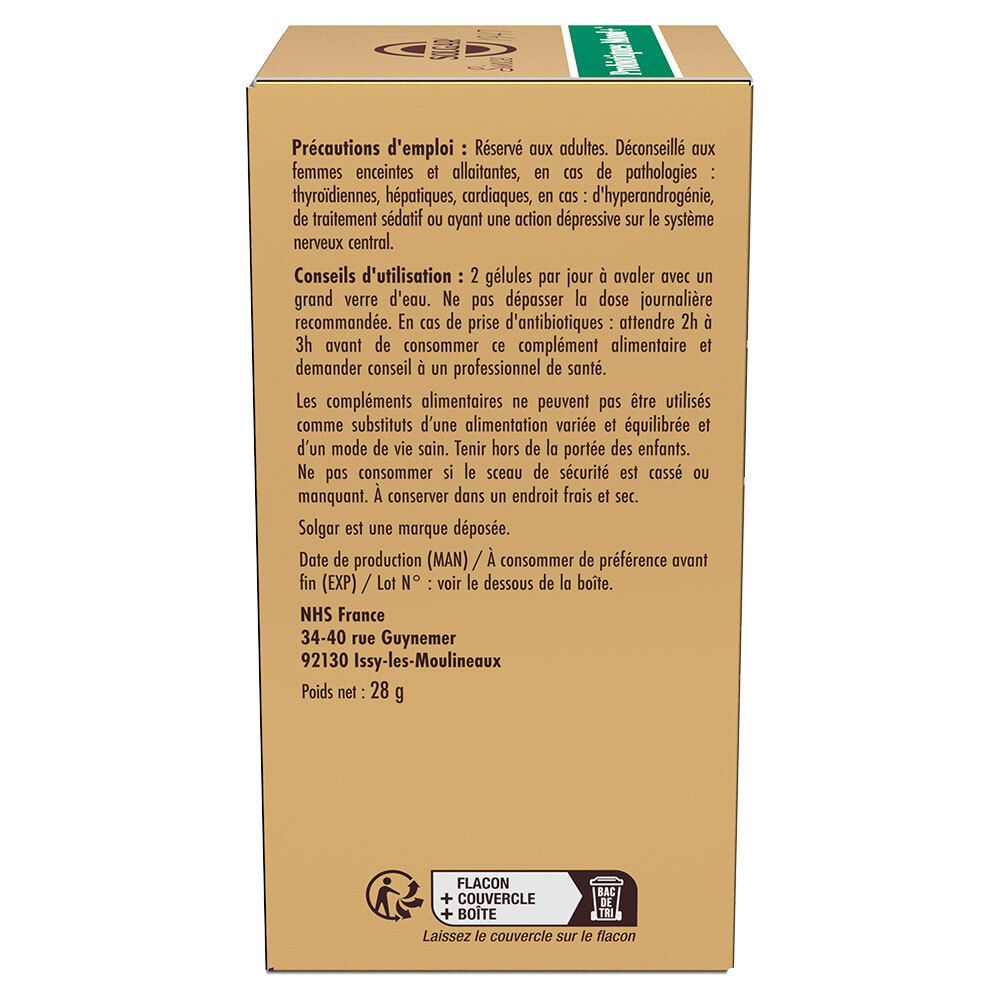 Dos de la boîte en carton. Texte en français. Informations d'utilisation et ingrédients. Adresse du fabricant.
