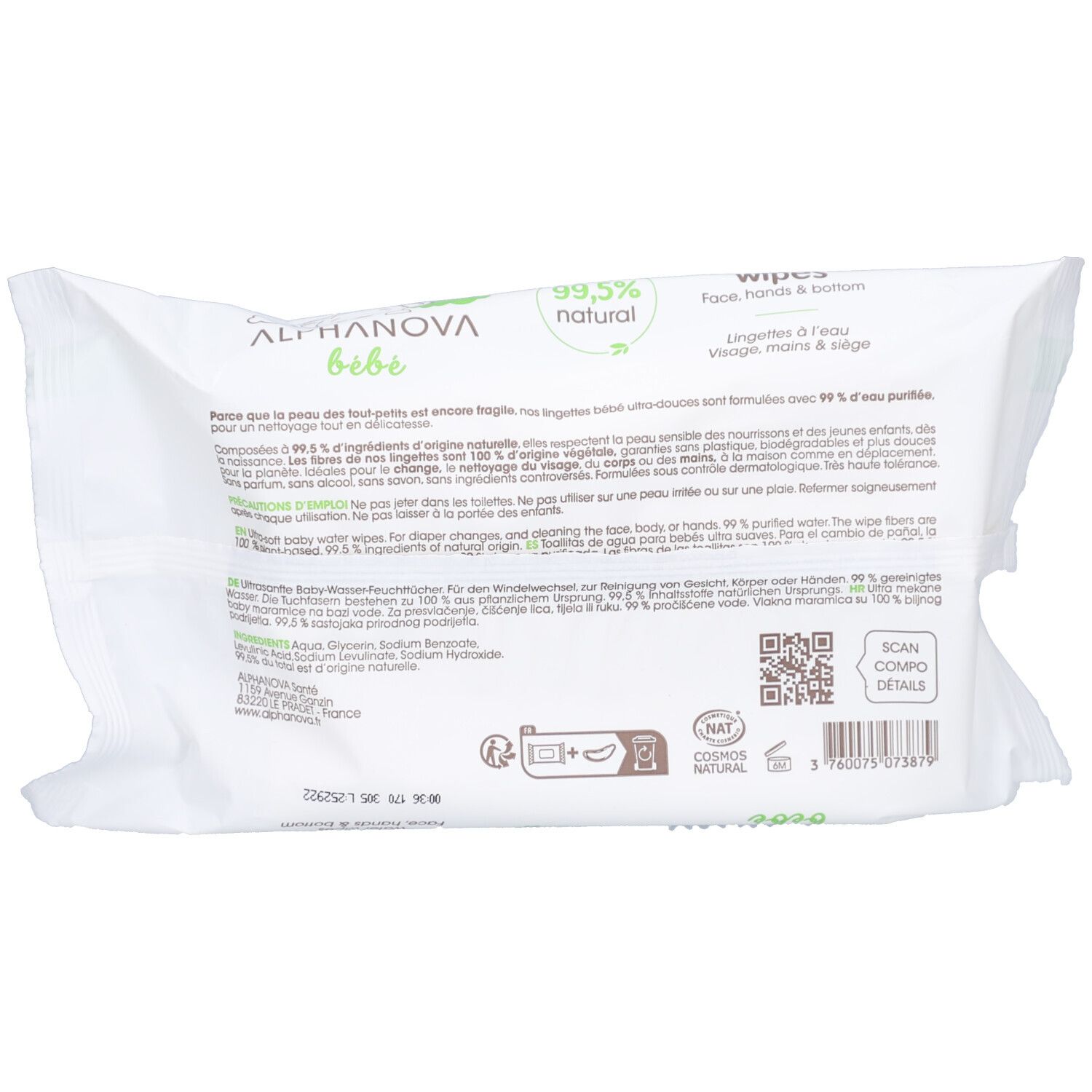 Rückseite der Verpackung. Text in mehreren Sprachen. QR-Code und COSMOS NATURAL-Logo.