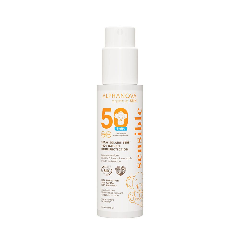 Weiß-orange Sprayflasche. Aufschrift: ALPHANOVA organic SUN, 50, BABY. Sonnenschutzspray für Babys. Bio-Zertifizierung.