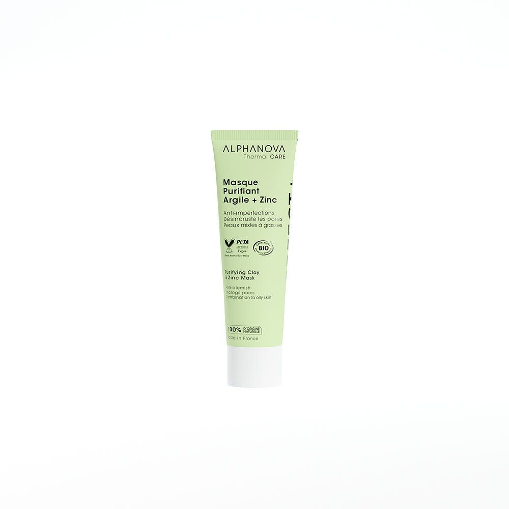 Tube vert avec nom du produit et logo. Texte: Masque Purifiant Argile + Zinc. Certification Bio.