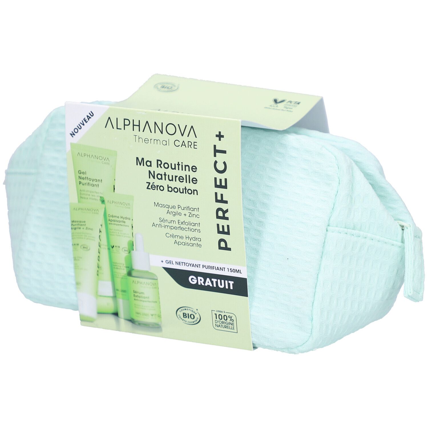 Kosmetiktasche mit Pflegeprodukten. Verpackung mit Produktnamen und Logo. Grünliche Tasche mit Reißverschluss.