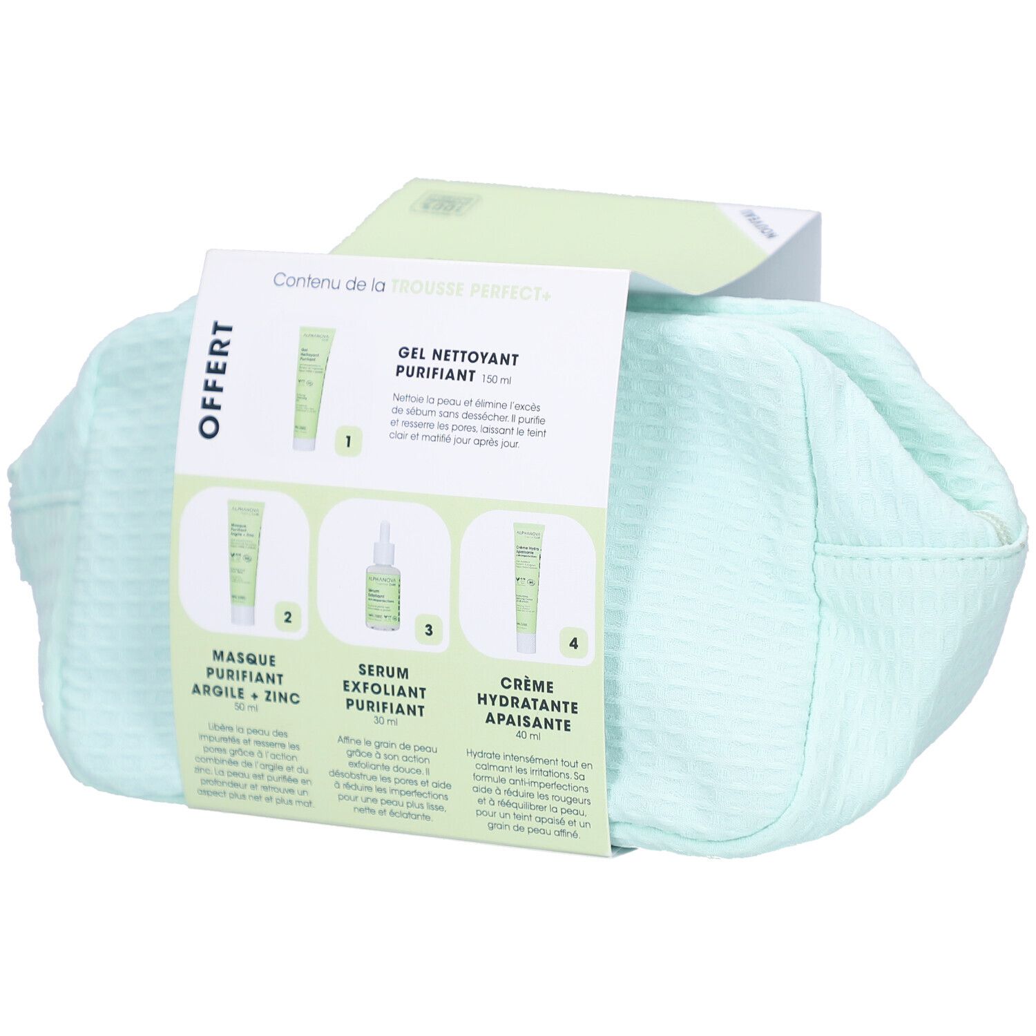 Kosmetiktasche mit Pflegeprodukten. Produktübersicht auf der Verpackung. Grünliche Tasche mit Reißverschluss.