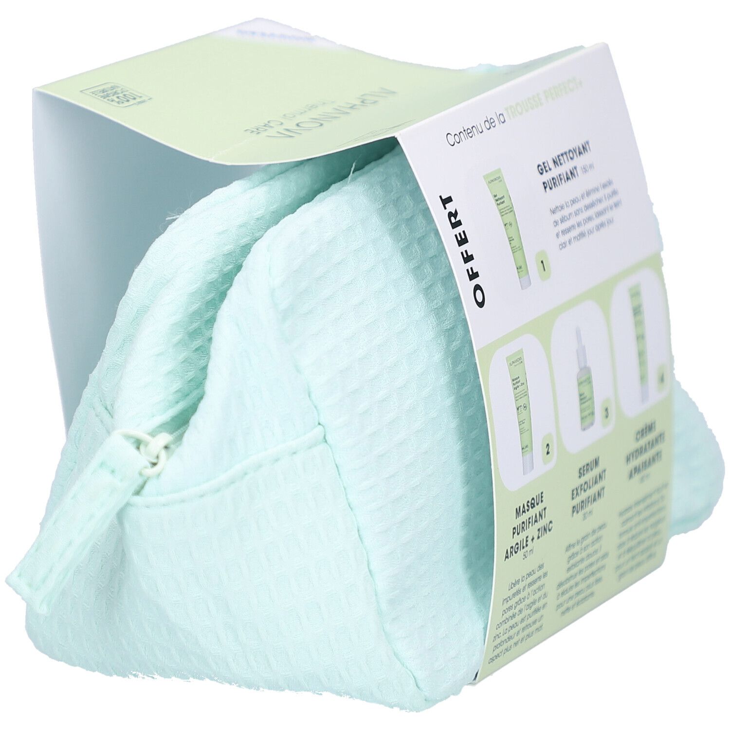 Kosmetiktasche mit Pflegeprodukten. Produktübersicht auf der Verpackung. Grünliche Tasche mit Reißverschluss.