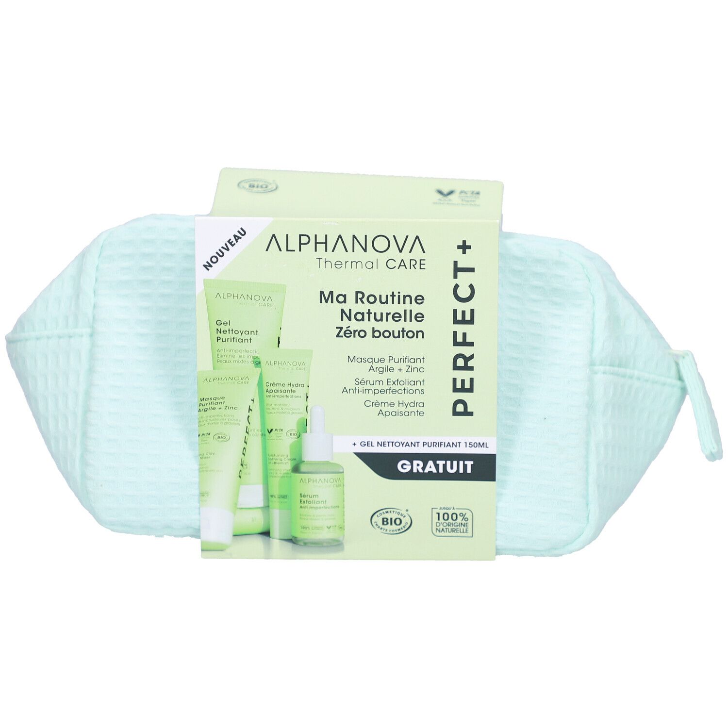 Kosmetiktasche mit Pflegeprodukten. Verpackung mit Produktnamen und Logo. Grünliche Tasche mit Reißverschluss.