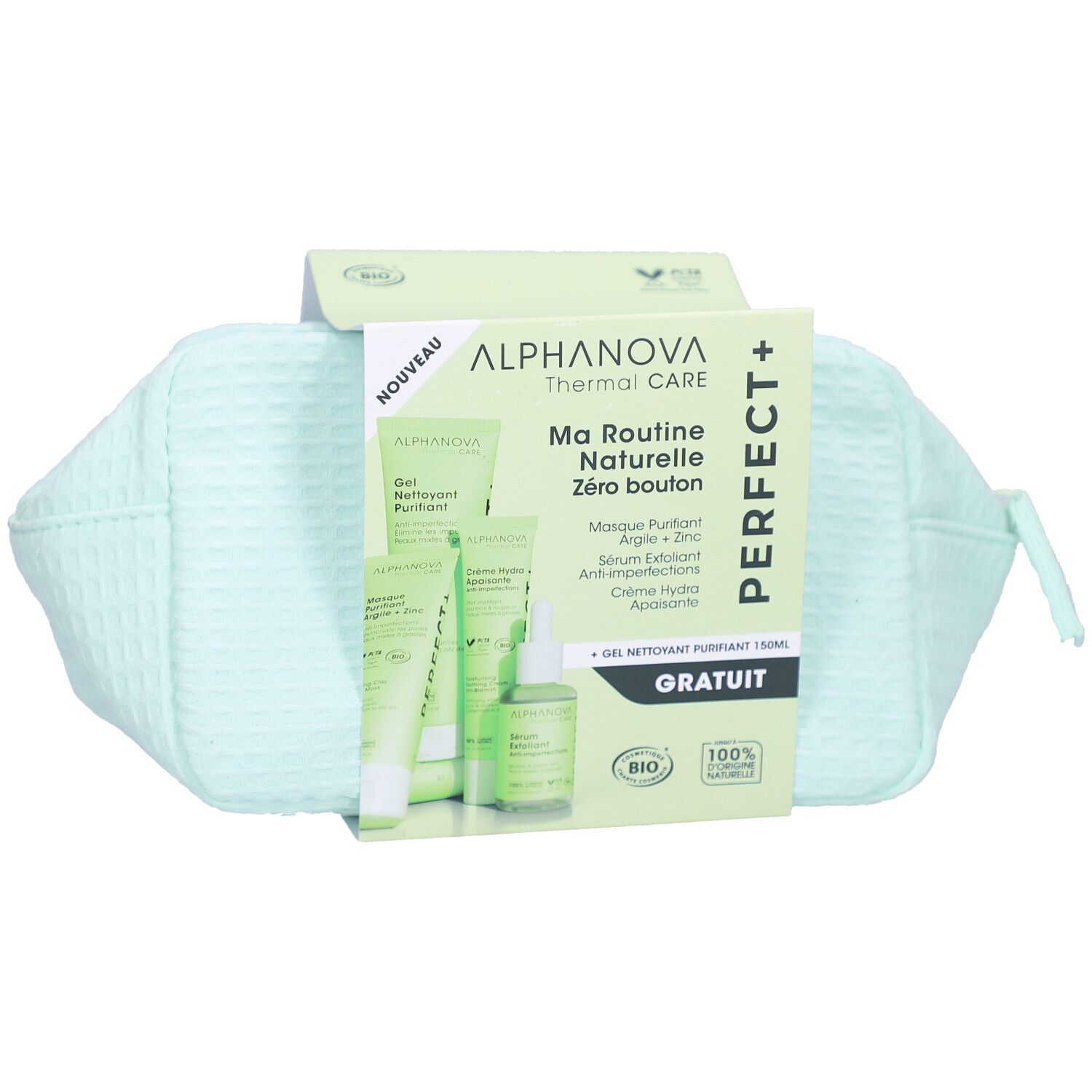 Kosmetiktasche mit Pflegeprodukten. Verpackung mit Produktnamen und Logo. Grünliche Tasche mit Reißverschluss.