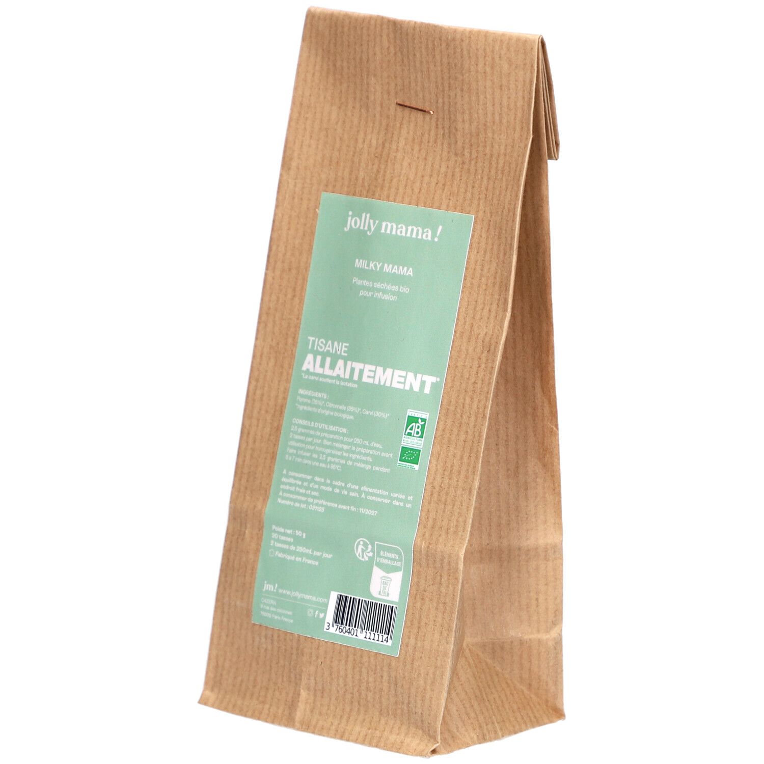 Sachet en papier brun avec une étiquette verte. L'étiquette indique "jolly mama!" et "TISANE ALLAITEMENT".