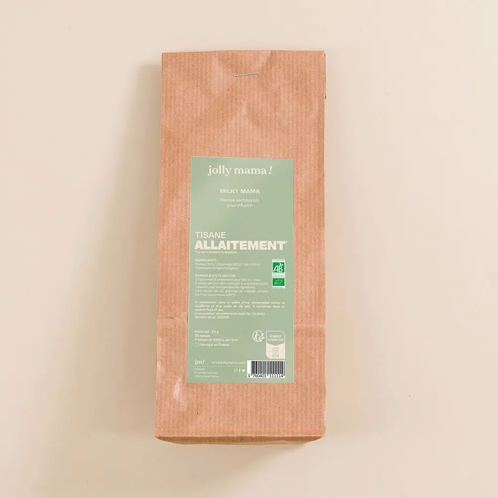 Sachet en papier brun avec une étiquette verte. L'étiquette indique "jolly mama!" et "TISANE ALLAITEMENT".