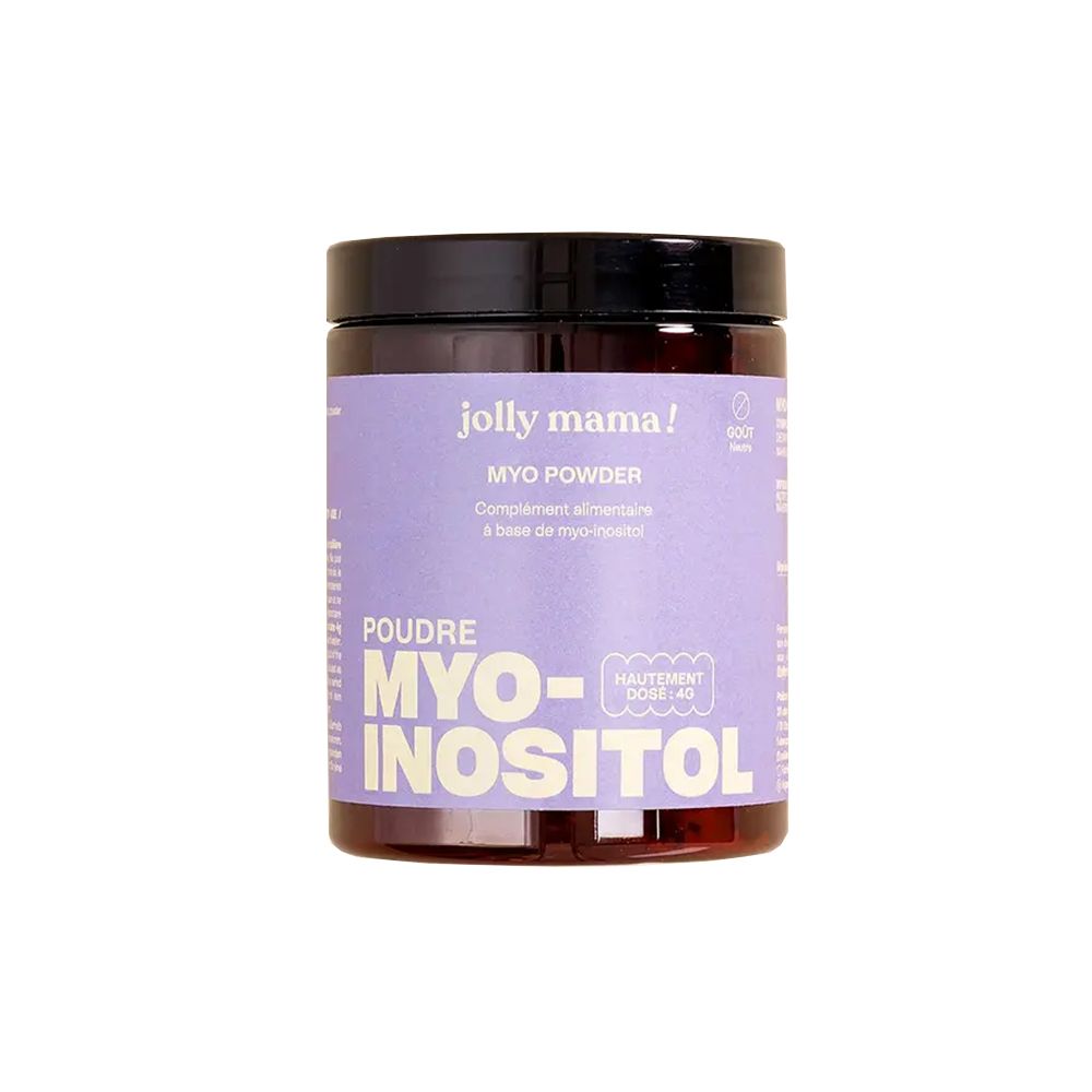 Braune Dose mit schwarzem Deckel. Aufschrift: MYO Powder, MYO-INOSITOL. Lila Etikett mit Produktinformationen.