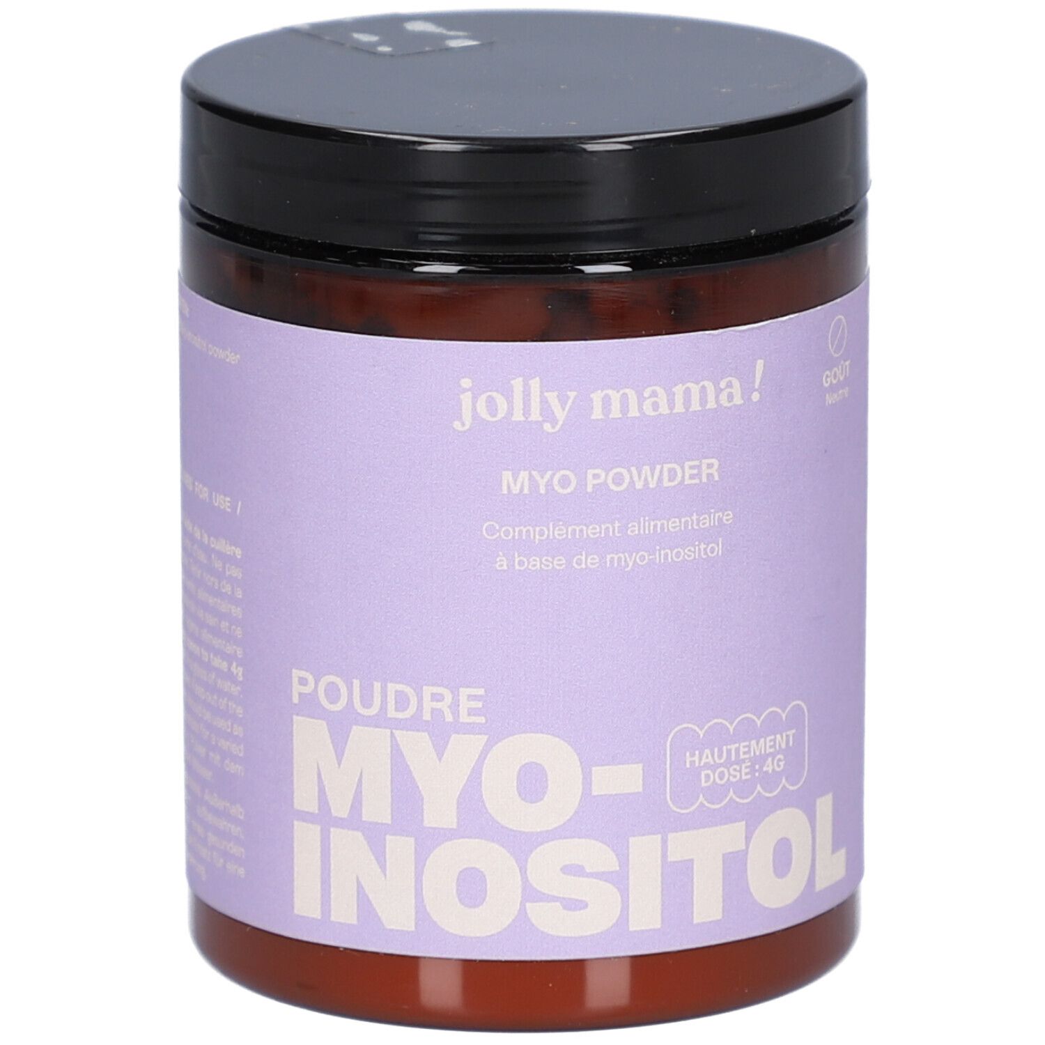 Braune Dose mit schwarzem Deckel. Aufschrift: MYO Powder, MYO-INOSITOL. Lila Etikett mit Produktinformationen.