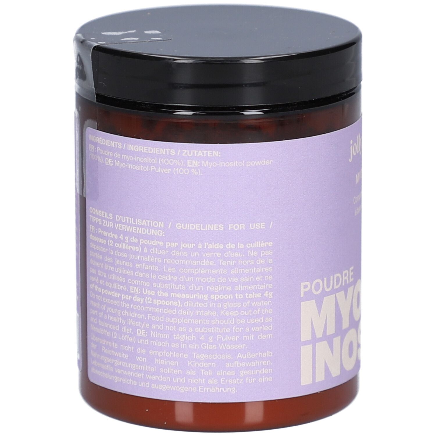 Braune Dose mit schwarzem Deckel. Aufschrift: MYO Powder, MYO-INOSITOL. Lila Etikett mit Produktinformationen.