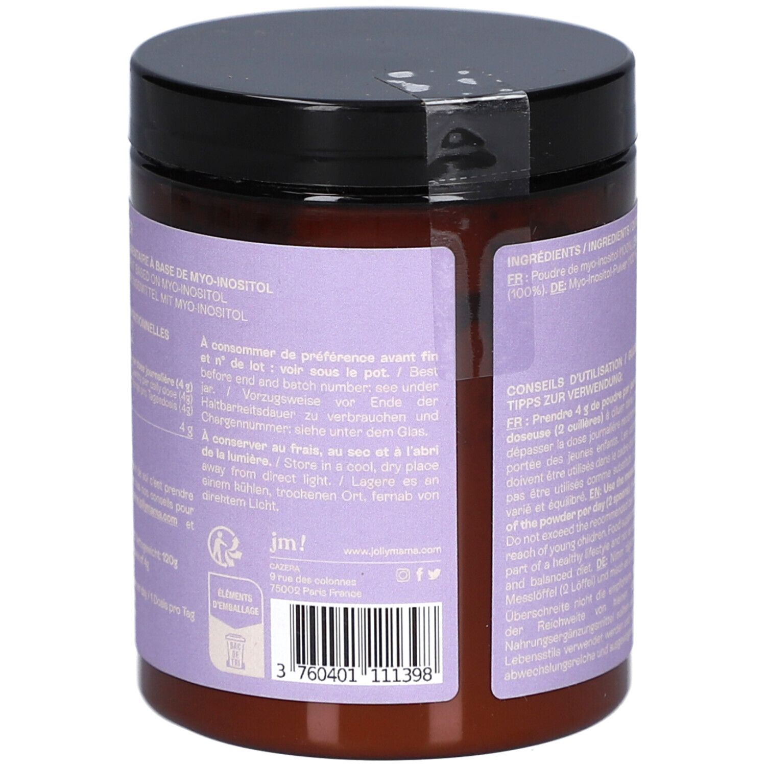 Braune Dose mit schwarzem Deckel. Aufschrift: MYO Powder, MYO-INOSITOL. Lila Etikett mit Produktinformationen.