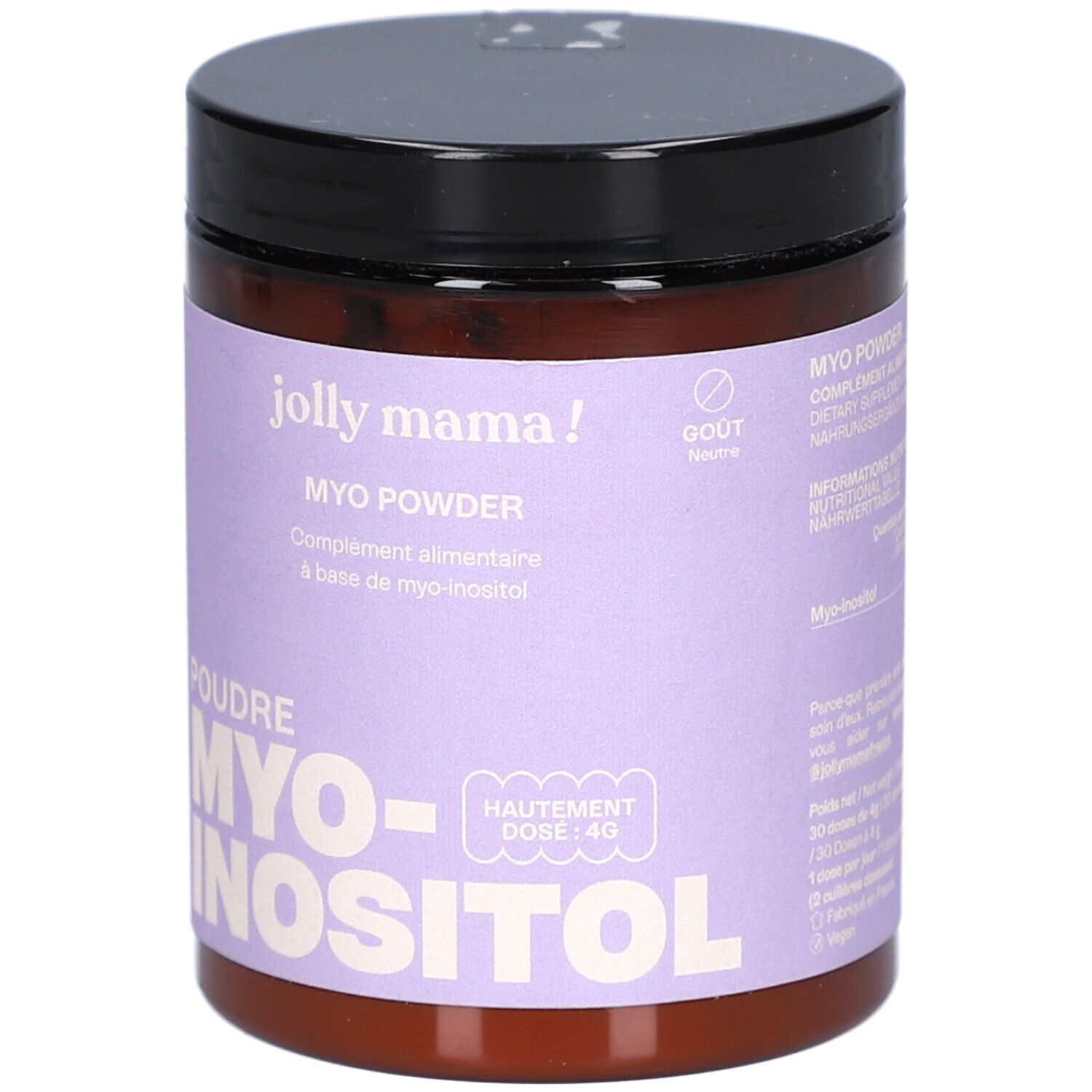 Braune Dose mit schwarzem Deckel. Aufschrift: MYO Powder, MYO-INOSITOL. Lila Etikett mit Produktinformationen.