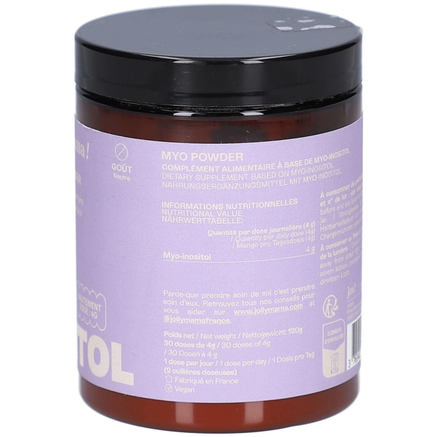 Braune Dose mit schwarzem Deckel. Aufschrift: MYO Powder, MYO-INOSITOL. Lila Etikett mit Produktinformationen.