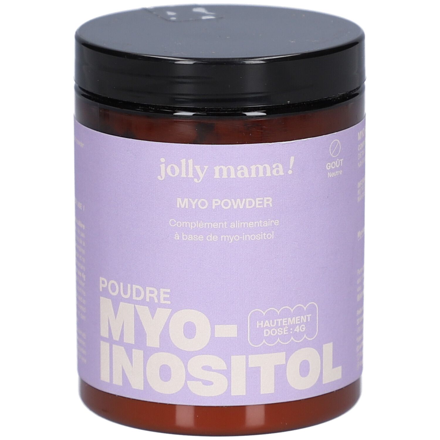 Braune Dose mit schwarzem Deckel. Aufschrift: MYO Powder, MYO-INOSITOL. Lila Etikett mit Produktinformationen.