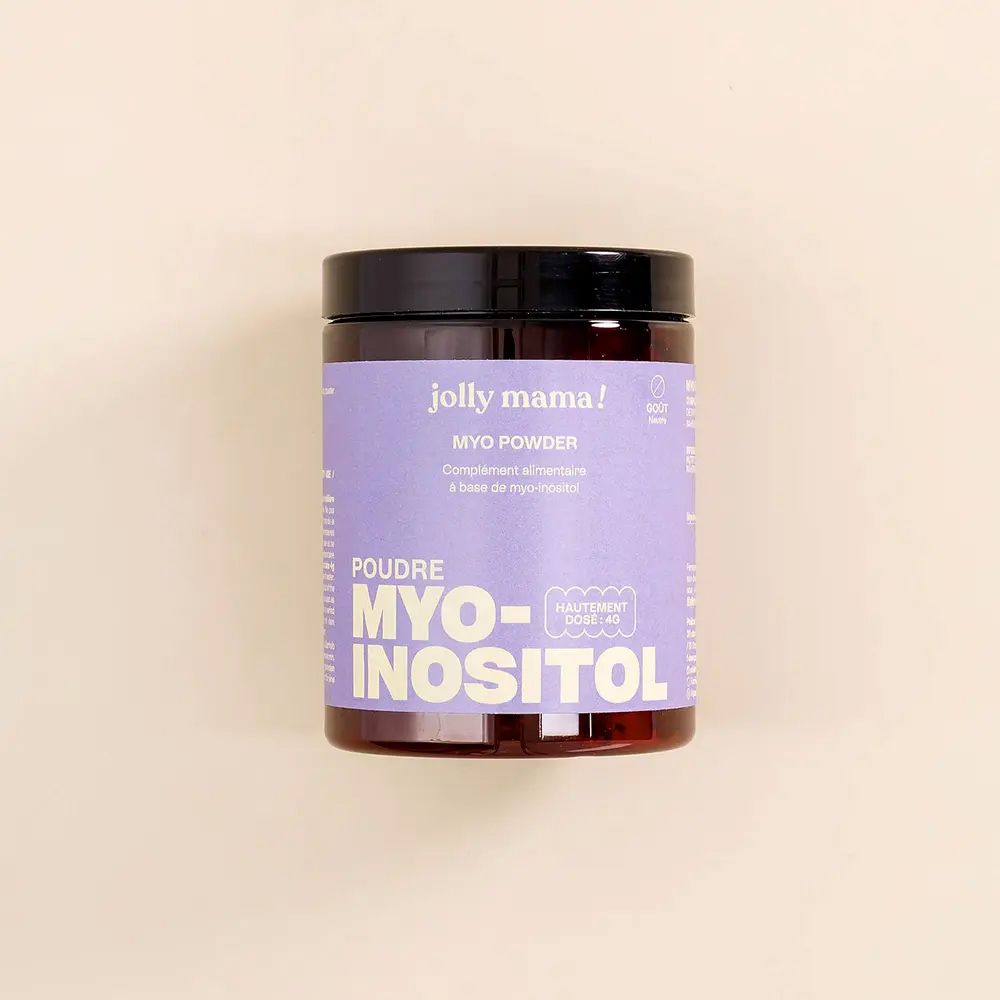 Braune Dose mit schwarzem Deckel. Aufschrift: MYO Powder, MYO-INOSITOL. Lila Etikett mit Produktinformationen.